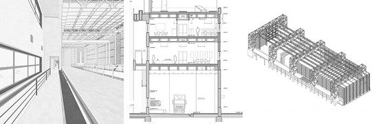 Studierendenarbeit des Projekt 3, links = Innenvisualisierung, rechts = Zeichnungen