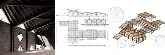 Studierendenarbeit aus dem Projekt 2, Links = Visualisierung eines Innenraumes, rechts = Zeichnungen