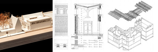 Studierendenarbeit des Projekt 1, Links = Modellfoto, rechts = Zeichnungen